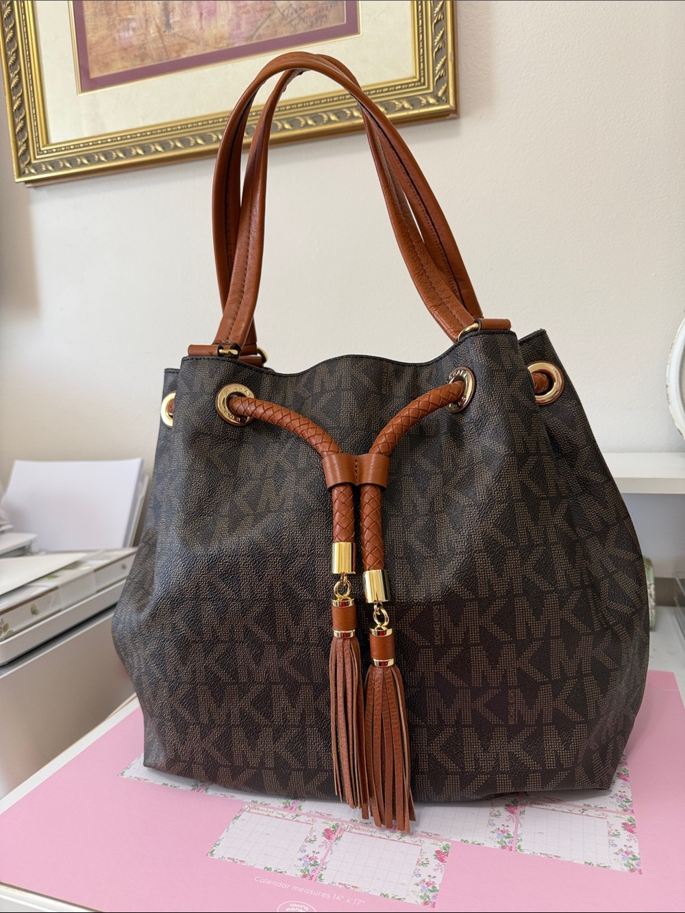 Michael Kors Brown MK Monogram Drawstring Shoulder Tote with Tassels